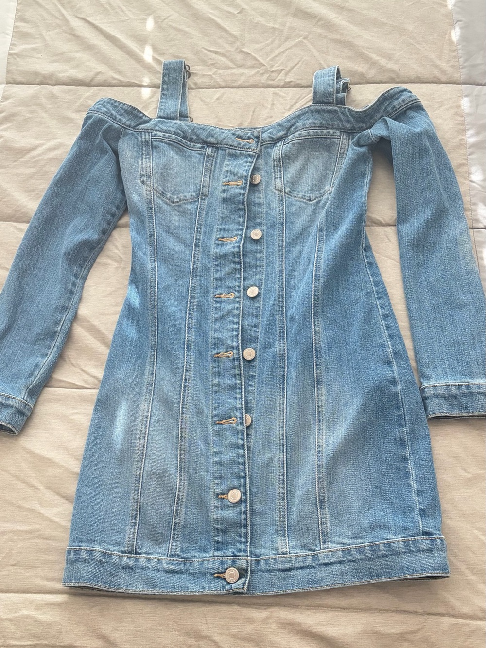 Guess Light Blue Off-Shoulder Denim Dress